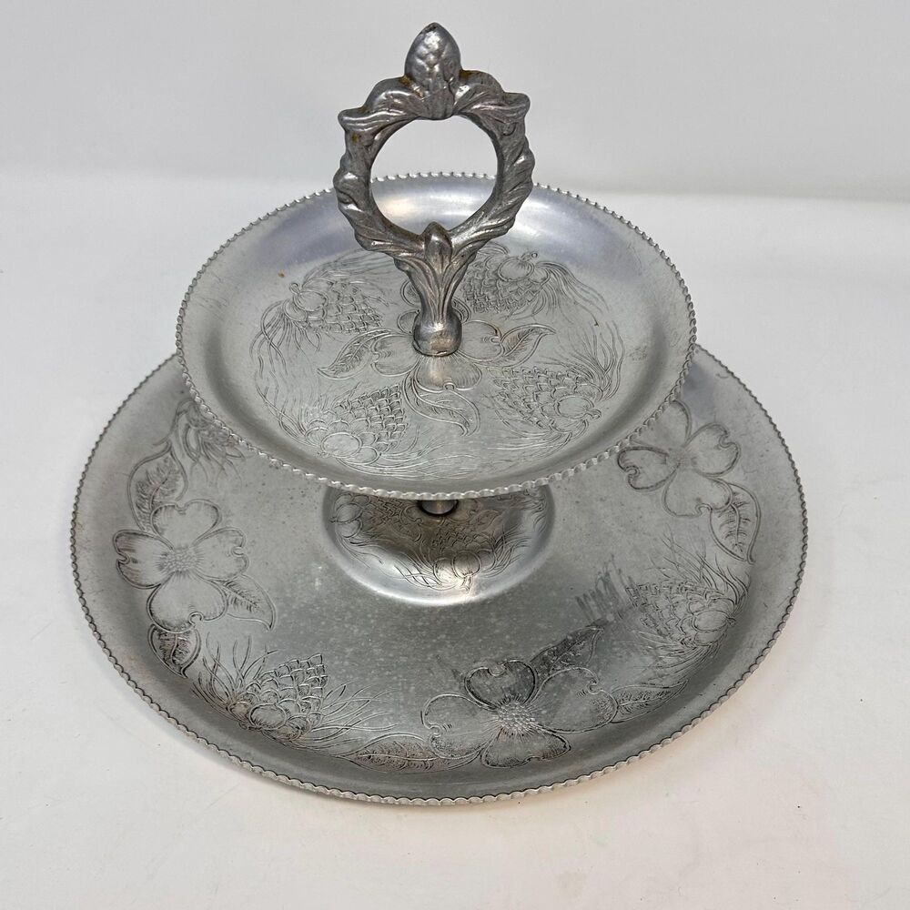 Vintage 2 Tier Hammered Aluminum Serving Tray Mid Century Dogwood Dessert Stand